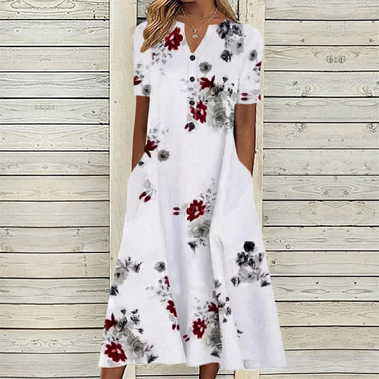 Womens 2023 Summer Casual Tank Dress Sleeveless Button Up V Neck Print Hem Swing Midi Sundress with Pocket Mid Calf Length