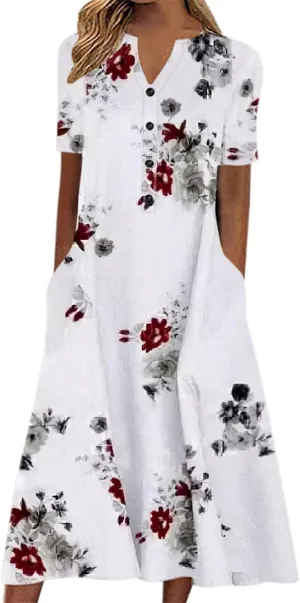 Womens 2023 Summer Casual Tank Dress Sleeveless Button Up V Neck Print Hem Swing Midi Sundress with Pocket Mid Calf Length