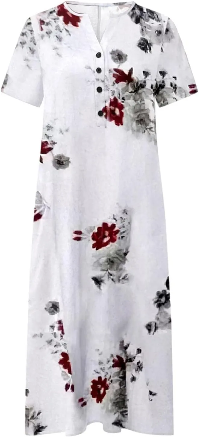 Womens 2023 Summer Casual Tank Dress Sleeveless Button Up V Neck Print Hem Swing Midi Sundress with Pocket Mid Calf Length