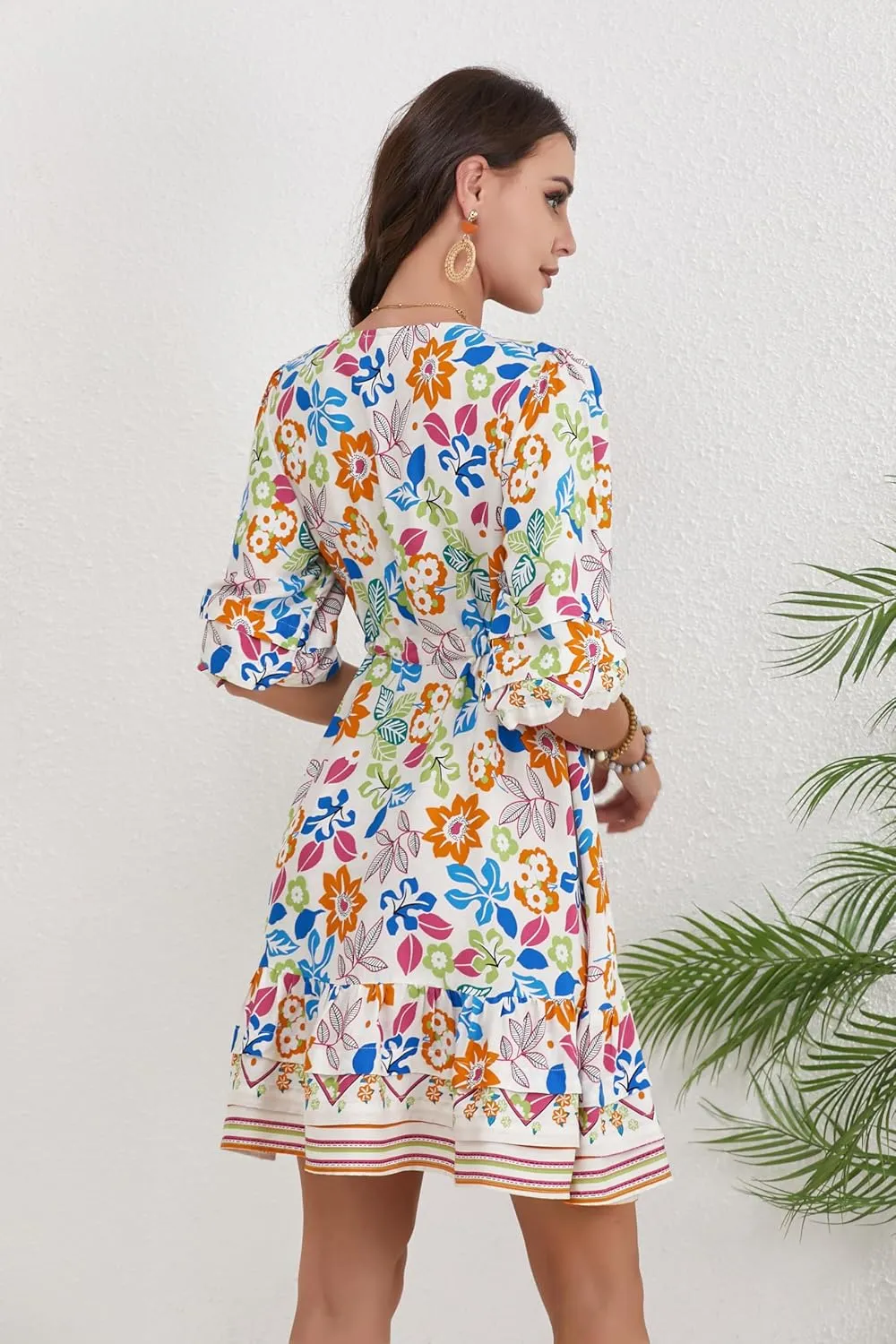 Women's Bohemian Dress V Neck Front Tie 3/4 Long Sleeve Floral A Line Beach Boho Tunic Dress