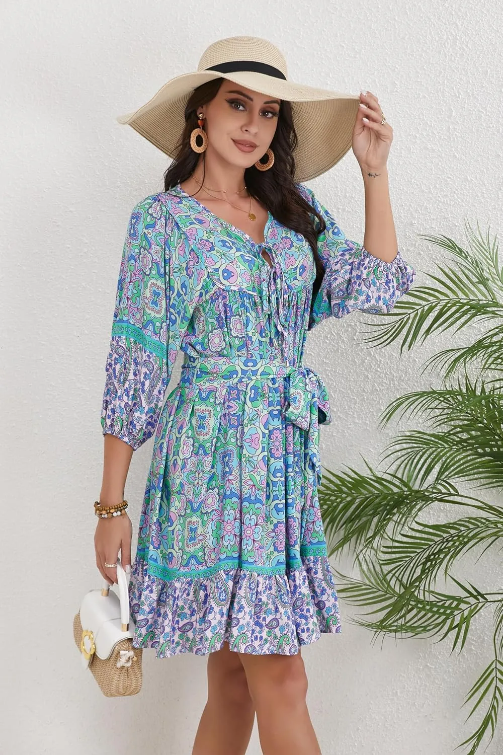 Women's Bohemian Dress V Neck Front Tie 3/4 Long Sleeve Floral A Line Beach Boho Tunic Dress