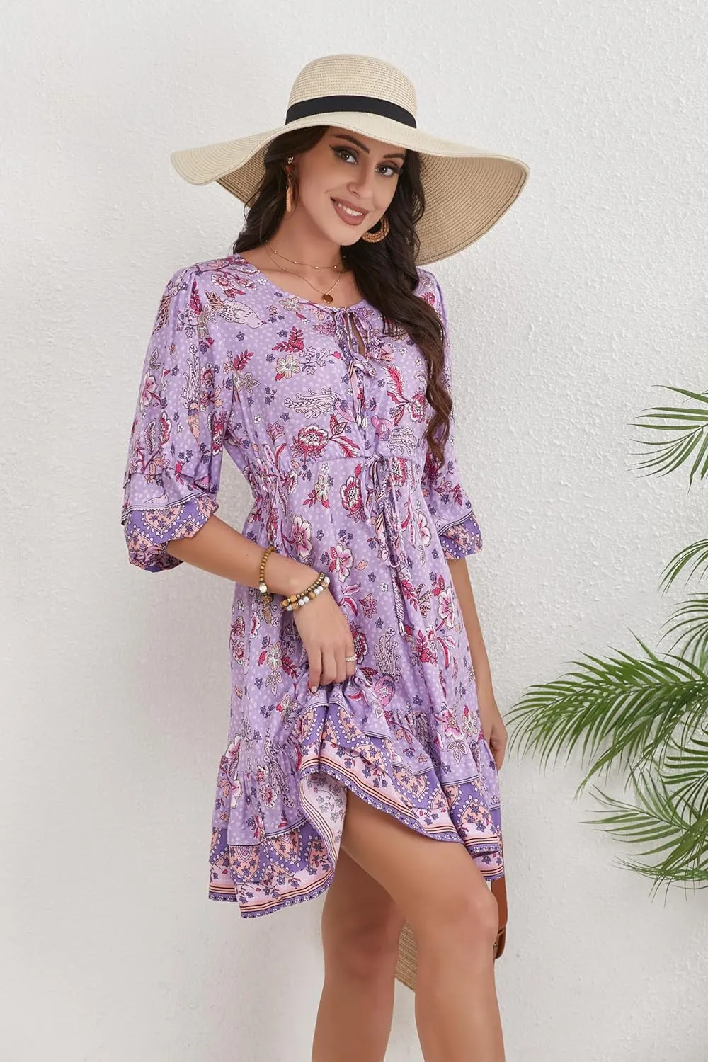Women's Bohemian Dress V Neck Front Tie 3/4 Long Sleeve Floral A Line Beach Boho Tunic Dress