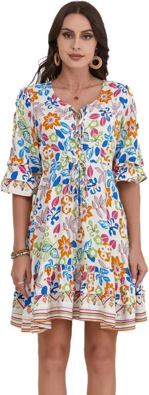 Women's Bohemian Dress V Neck Front Tie 3/4 Long Sleeve Floral A Line Beach Boho Tunic Dress