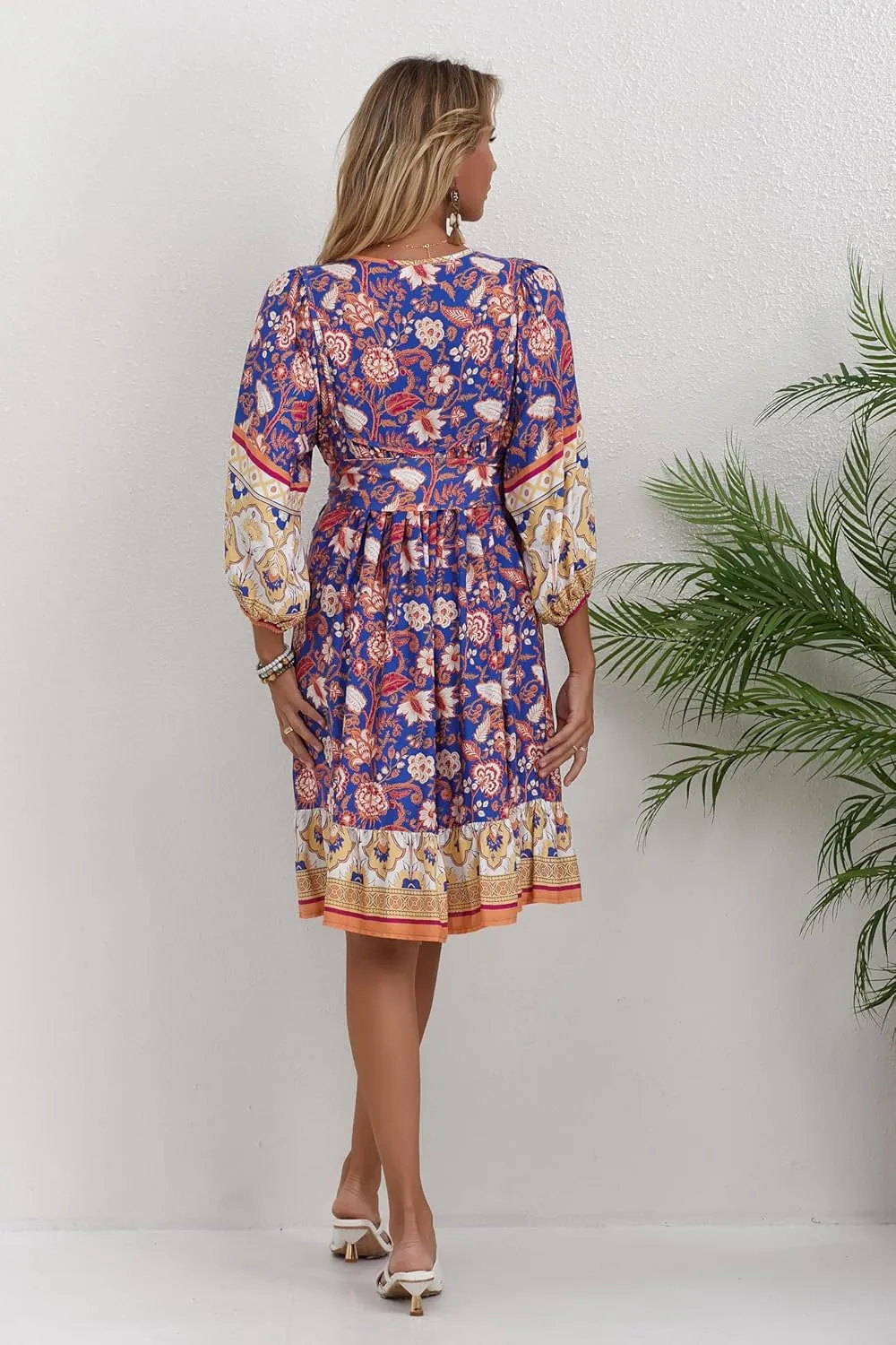 Women's Bohemian Dress V Neck Front Tie 3/4 Long Sleeve Floral A Line Beach Boho Tunic Dress