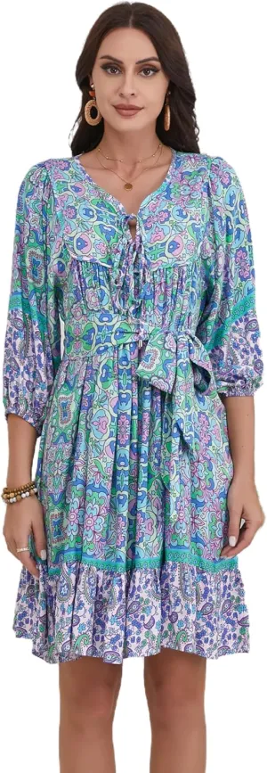 Women's Bohemian Dress V Neck Front Tie 3/4 Long Sleeve Floral A Line Beach Boho Tunic Dress