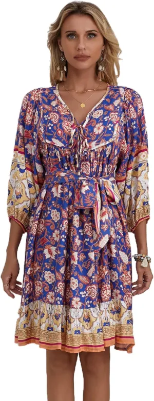 Women's Bohemian Dress V Neck Front Tie 3/4 Long Sleeve Floral A Line Beach Boho Tunic Dress