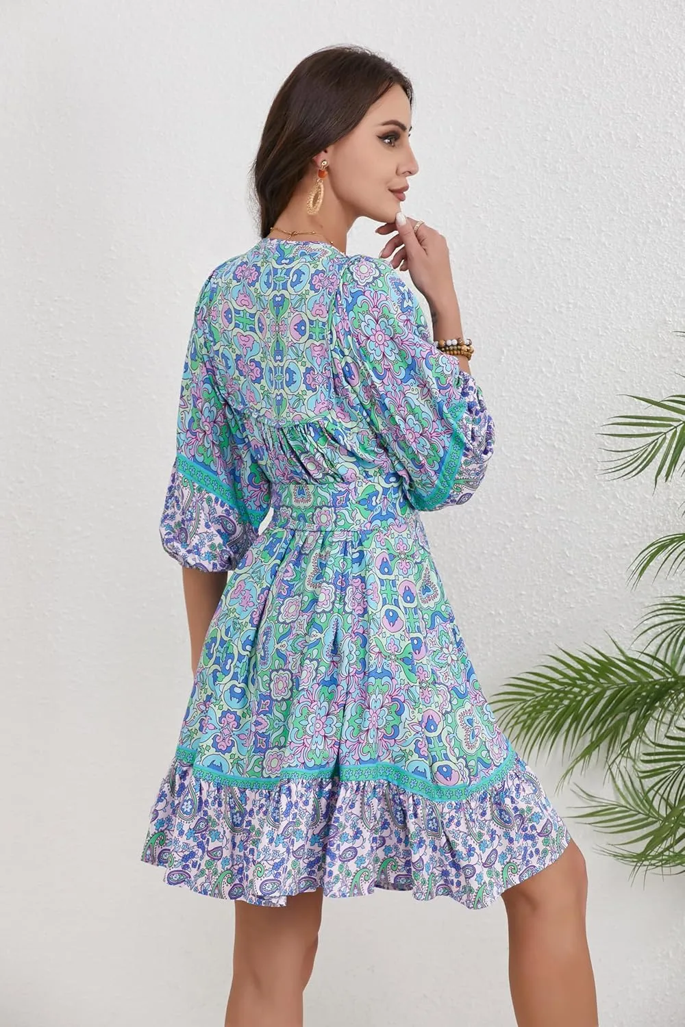 Women's Bohemian Dress V Neck Front Tie 3/4 Long Sleeve Floral A Line Beach Boho Tunic Dress