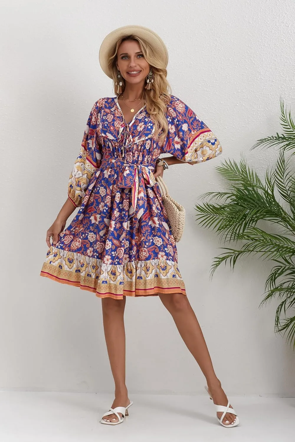 Women's Bohemian Dress V Neck Front Tie 3/4 Long Sleeve Floral A Line Beach Boho Tunic Dress