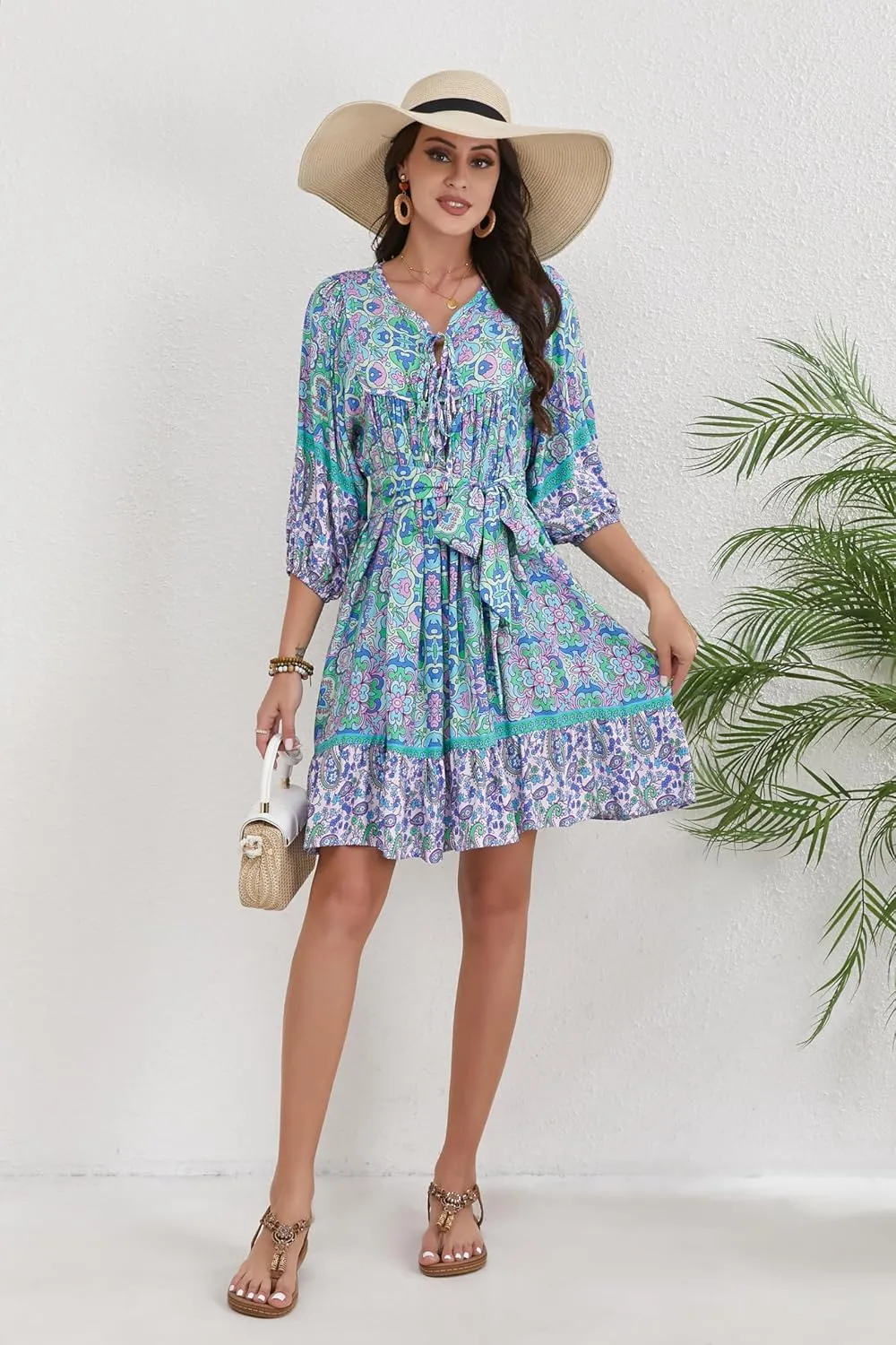 Women's Bohemian Dress V Neck Front Tie 3/4 Long Sleeve Floral A Line Beach Boho Tunic Dress