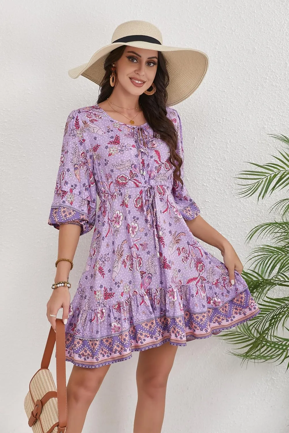 Women's Bohemian Dress V Neck Front Tie 3/4 Long Sleeve Floral A Line Beach Boho Tunic Dress