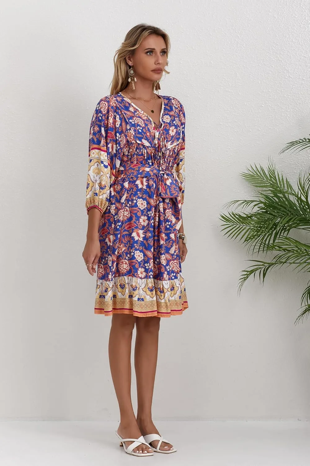 Women's Bohemian Dress V Neck Front Tie 3/4 Long Sleeve Floral A Line Beach Boho Tunic Dress