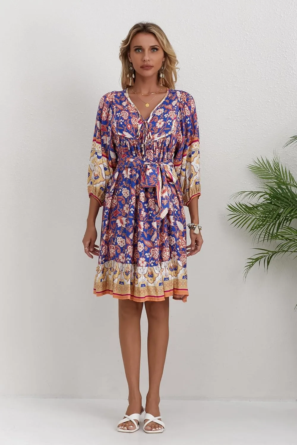 Women's Bohemian Dress V Neck Front Tie 3/4 Long Sleeve Floral A Line Beach Boho Tunic Dress