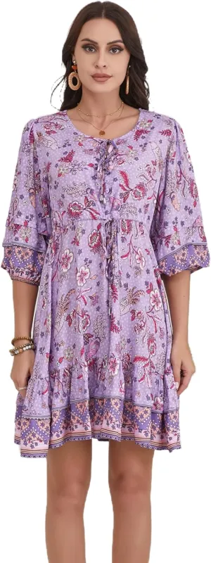 Women's Bohemian Dress V Neck Front Tie 3/4 Long Sleeve Floral A Line Beach Boho Tunic Dress