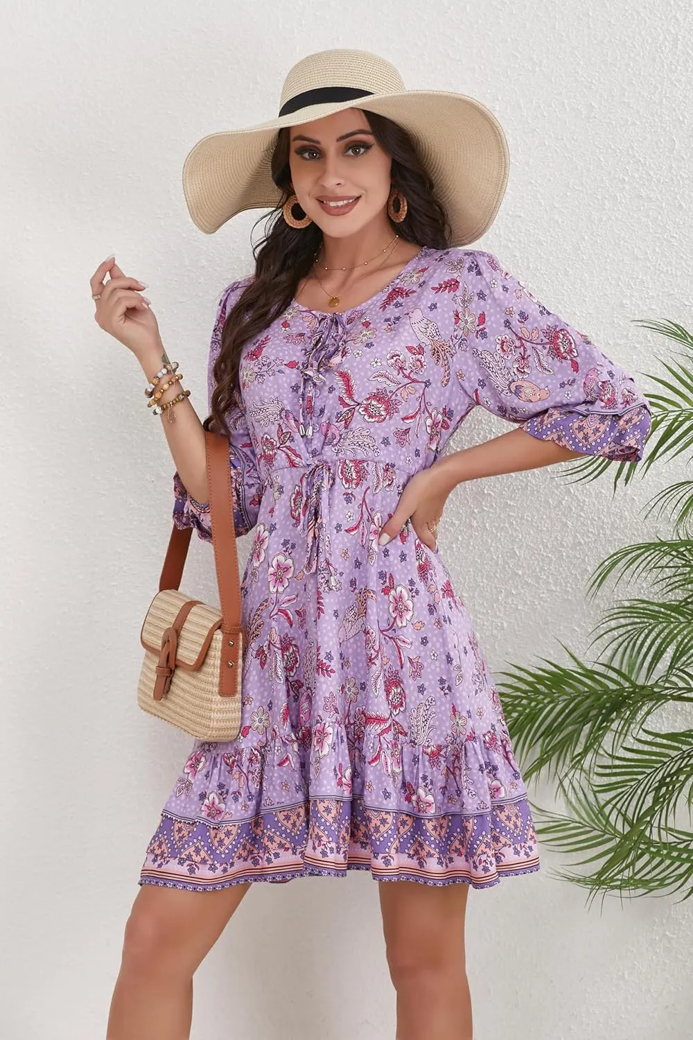 Women's Bohemian Dress V Neck Front Tie 3/4 Long Sleeve Floral A Line Beach Boho Tunic Dress