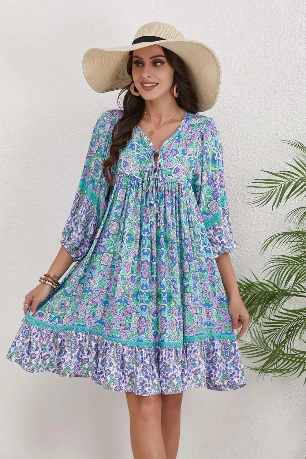 Women's Bohemian Dress V Neck Front Tie 3/4 Long Sleeve Floral A Line Beach Boho Tunic Dress