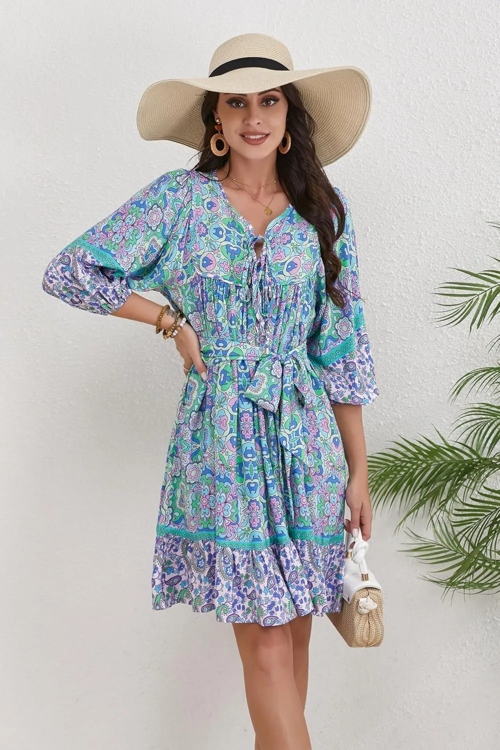 Women's Bohemian Dress V Neck Front Tie 3/4 Long Sleeve Floral A Line Beach Boho Tunic Dress