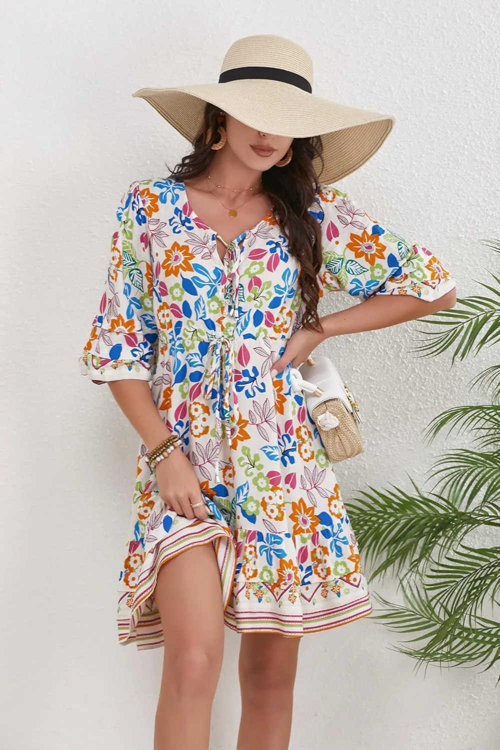 Women's Bohemian Dress V Neck Front Tie 3/4 Long Sleeve Floral A Line Beach Boho Tunic Dress