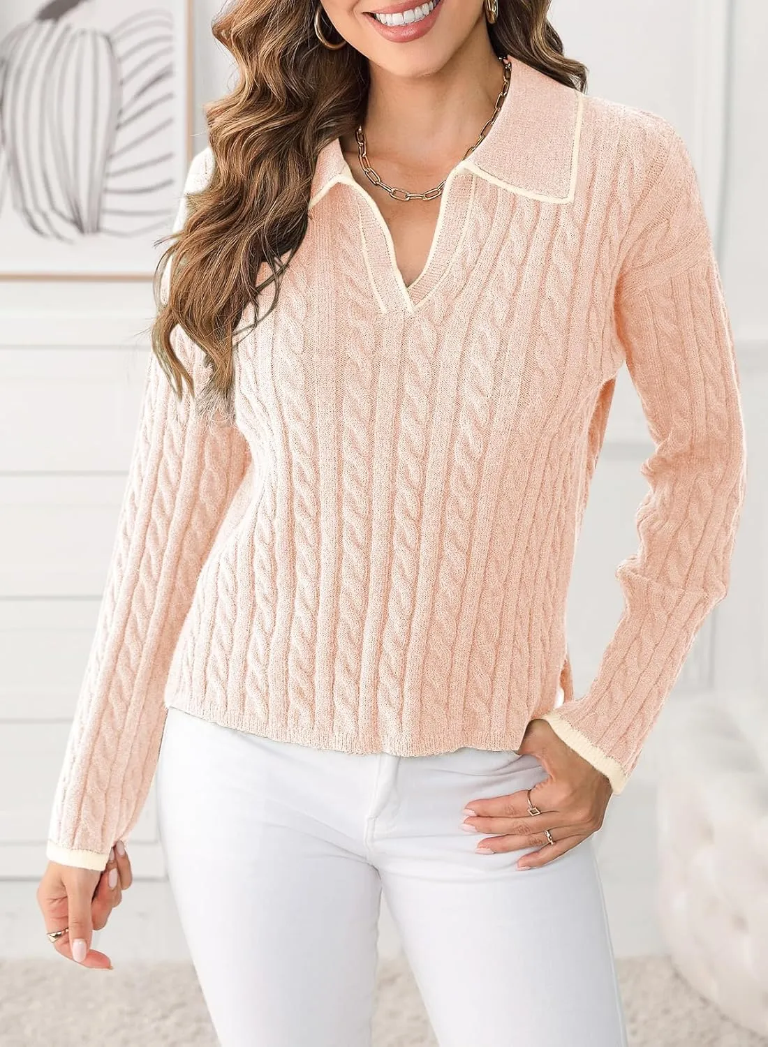 Women's Cable Long Sleeve Sweaters Tops Lapel Polo V Neck Knit Casual Soft Pullover Shirt