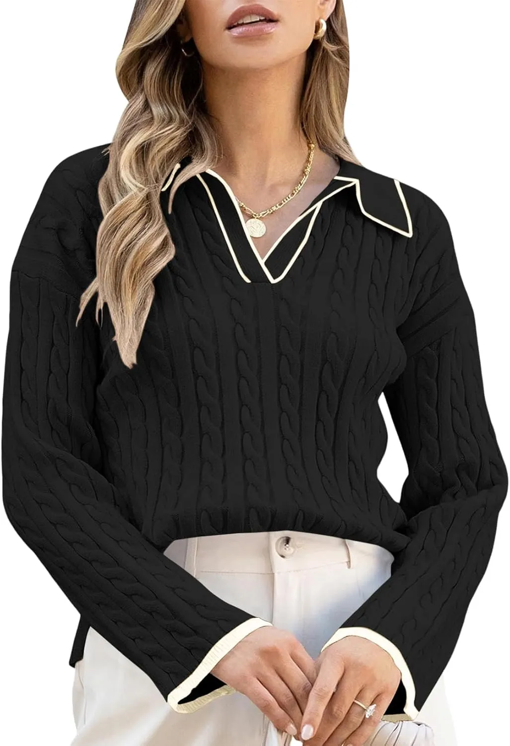 Women's Cable Long Sleeve Sweaters Tops Lapel Polo V Neck Knit Casual Soft Pullover Shirt