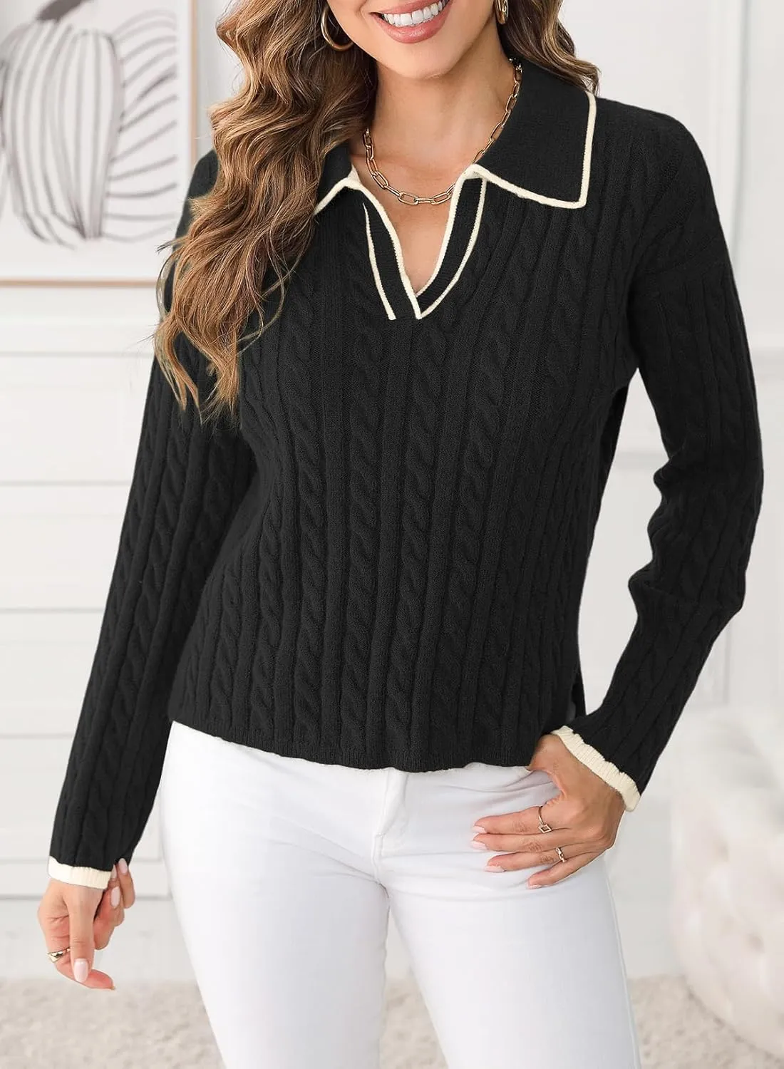 Women's Cable Long Sleeve Sweaters Tops Lapel Polo V Neck Knit Casual Soft Pullover Shirt