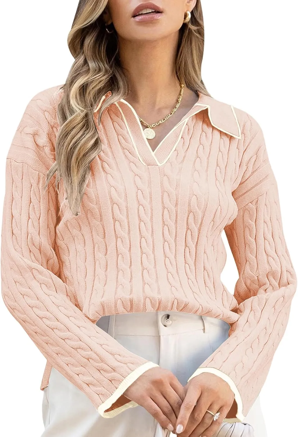 Women's Cable Long Sleeve Sweaters Tops Lapel Polo V Neck Knit Casual Soft Pullover Shirt