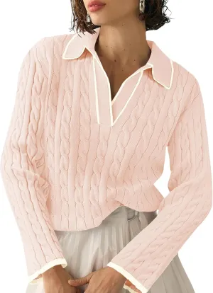 Women's Cable Long Sleeve Sweaters Tops Lapel Polo V Neck Knit Casual Soft Pullover Shirt