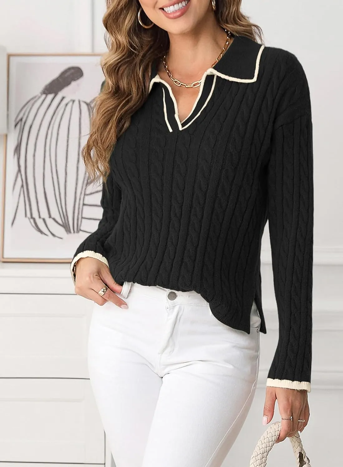 Women's Cable Long Sleeve Sweaters Tops Lapel Polo V Neck Knit Casual Soft Pullover Shirt