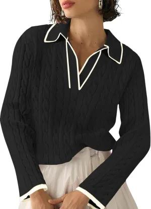Women's Cable Long Sleeve Sweaters Tops Lapel Polo V Neck Knit Casual Soft Pullover Shirt