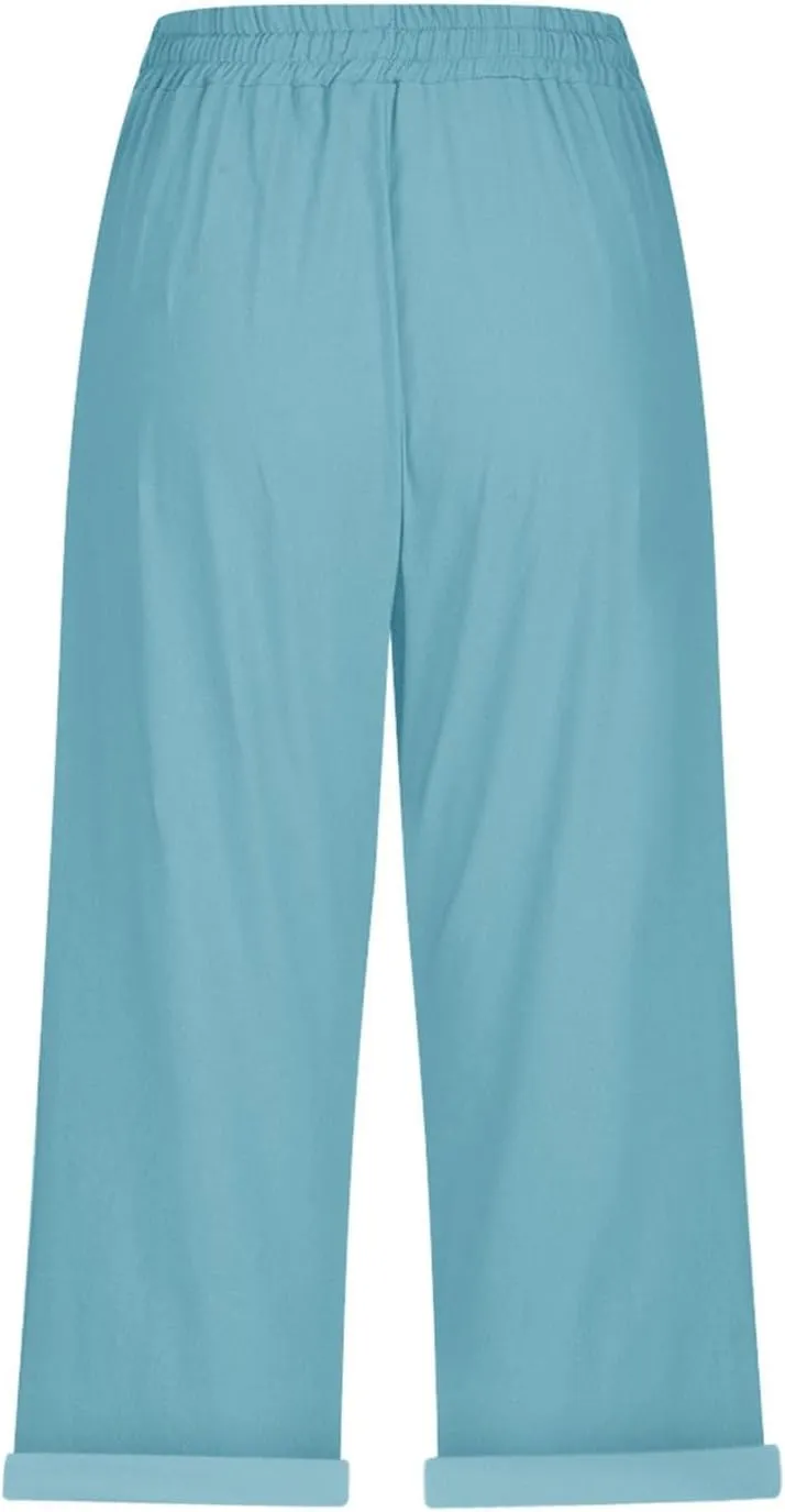 Womens Capri Pants Linen High Waisted Summer Pull on Capris Drawstring Pedal Pushers Beach Pants with Pockets