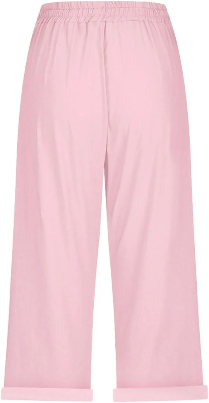 Womens Capri Pants Linen High Waisted Summer Pull on Capris Drawstring Pedal Pushers Beach Pants with Pockets