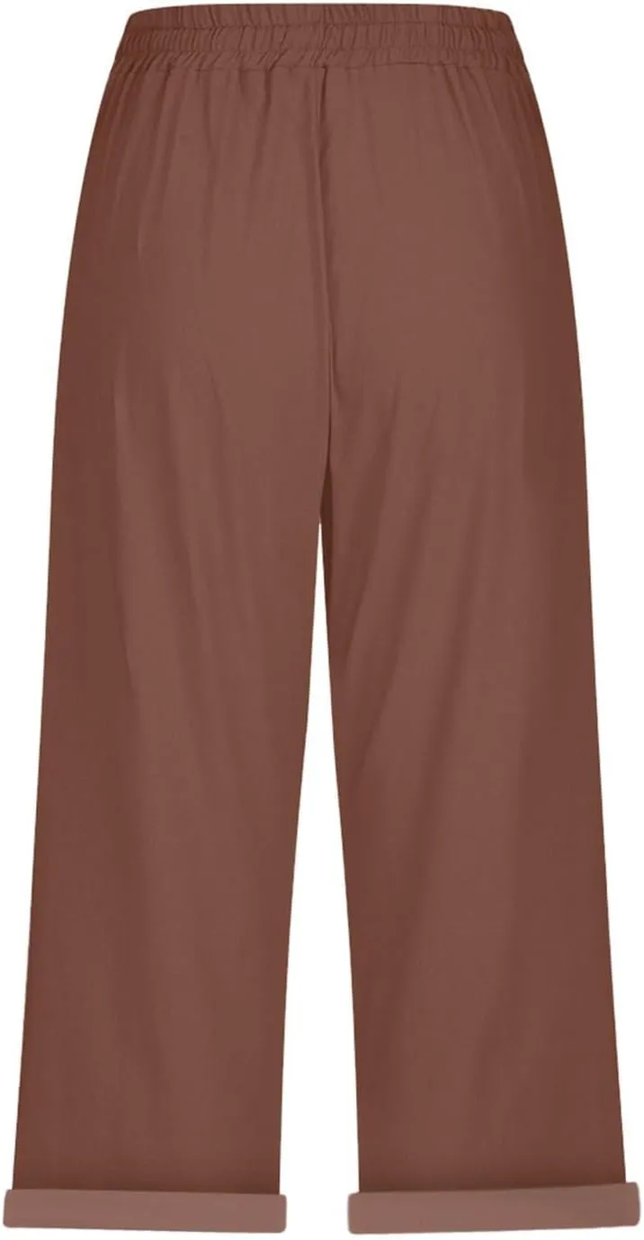 Womens Capri Pants Linen High Waisted Summer Pull on Capris Drawstring Pedal Pushers Beach Pants with Pockets