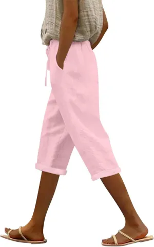 Womens Capri Pants Linen High Waisted Summer Pull on Capris Drawstring Pedal Pushers Beach Pants with Pockets