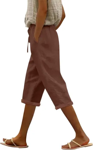 Womens Capri Pants Linen High Waisted Summer Pull on Capris Drawstring Pedal Pushers Beach Pants with Pockets