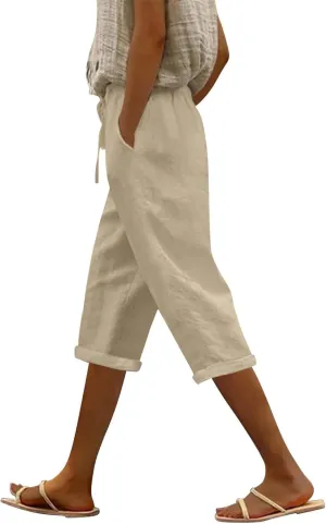 Womens Capri Pants Linen High Waisted Summer Pull on Capris Drawstring Pedal Pushers Beach Pants with Pockets