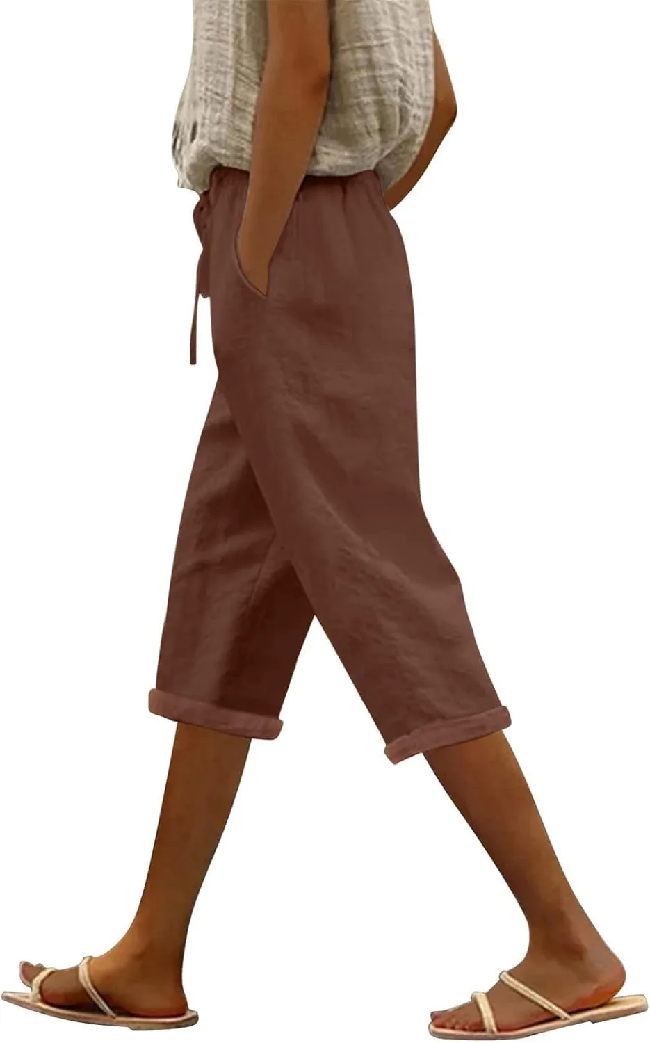 Womens Capri Pants Linen High Waisted Summer Pull on Capris Drawstring Pedal Pushers Beach Pants with Pockets
