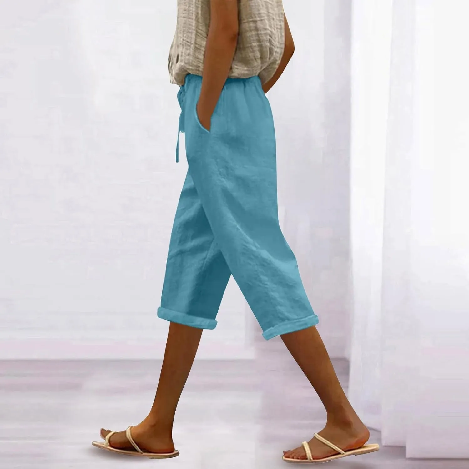 Womens Capri Pants Linen High Waisted Summer Pull on Capris Drawstring Pedal Pushers Beach Pants with Pockets