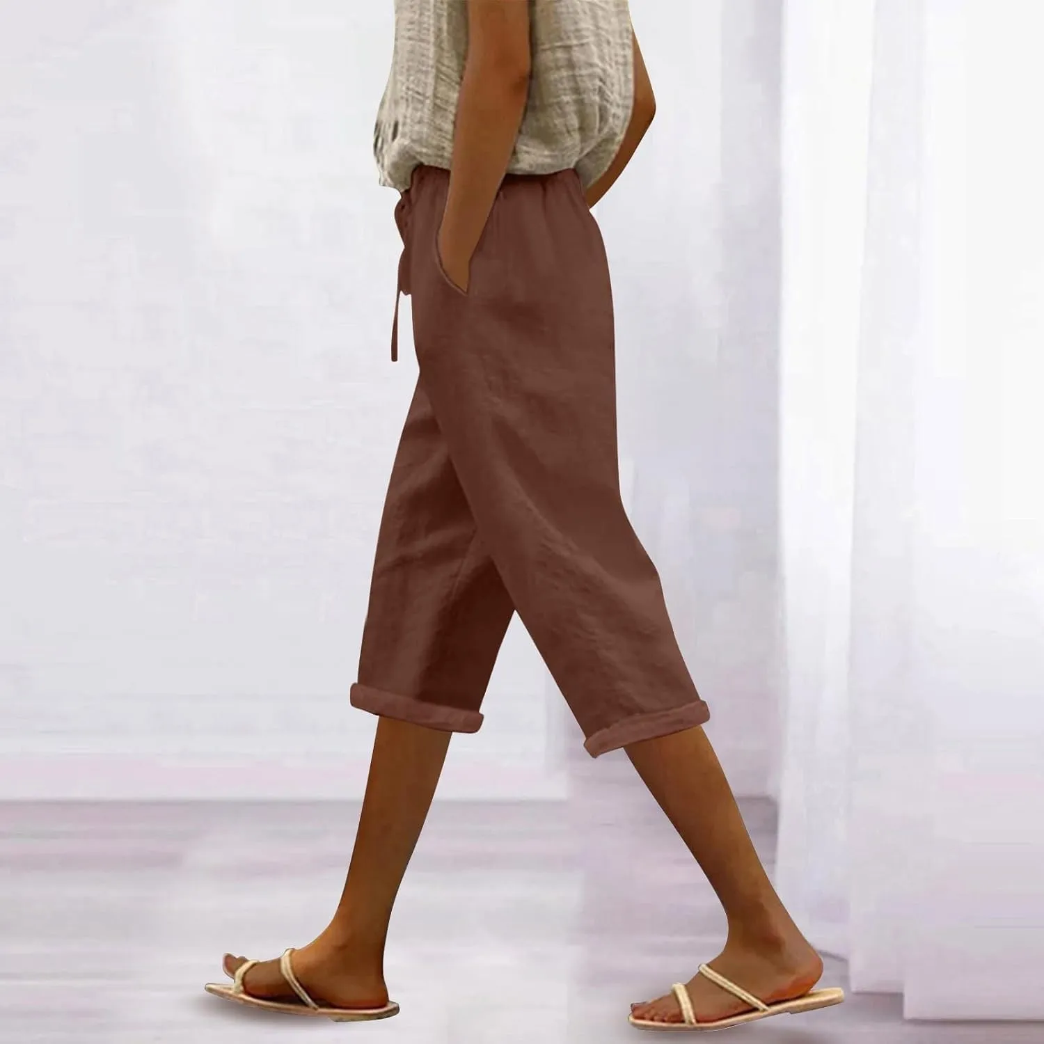 Womens Capri Pants Linen High Waisted Summer Pull on Capris Drawstring Pedal Pushers Beach Pants with Pockets