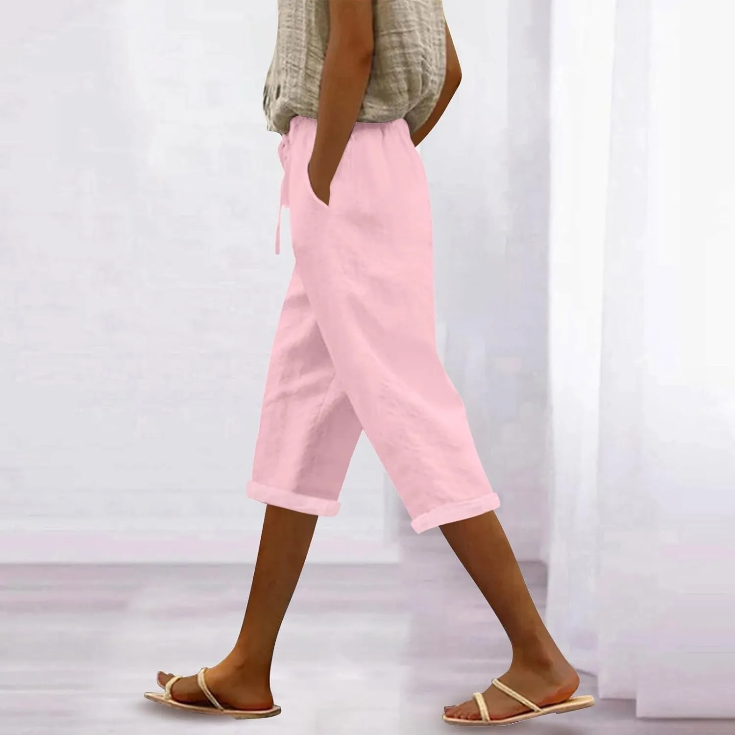 Womens Capri Pants Linen High Waisted Summer Pull on Capris Drawstring Pedal Pushers Beach Pants with Pockets