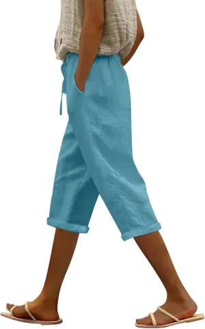 Womens Capri Pants Linen High Waisted Summer Pull on Capris Drawstring Pedal Pushers Beach Pants with Pockets