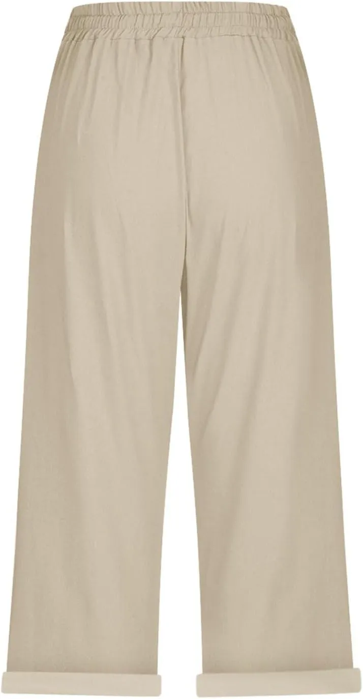 Womens Capri Pants Linen High Waisted Summer Pull on Capris Drawstring Pedal Pushers Beach Pants with Pockets