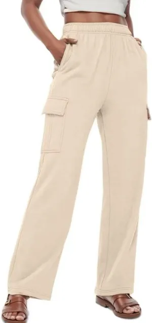 Womens Cargo Sweatpants Baggy Wide Leg Pants Warm Elastic High Waist Joggers Fall Track Lounge Trousers with Pockets