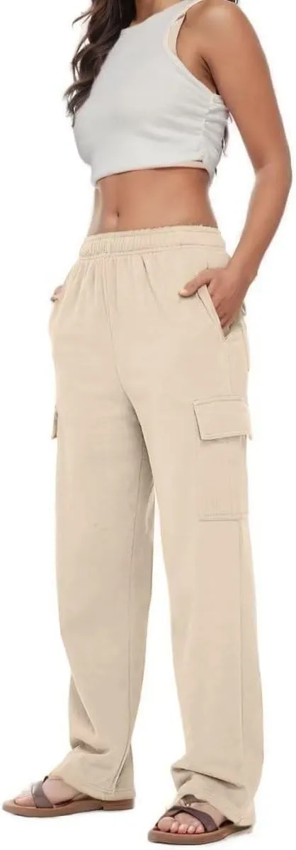 Womens Cargo Sweatpants Baggy Wide Leg Pants Warm Elastic High Waist Joggers Fall Track Lounge Trousers with Pockets