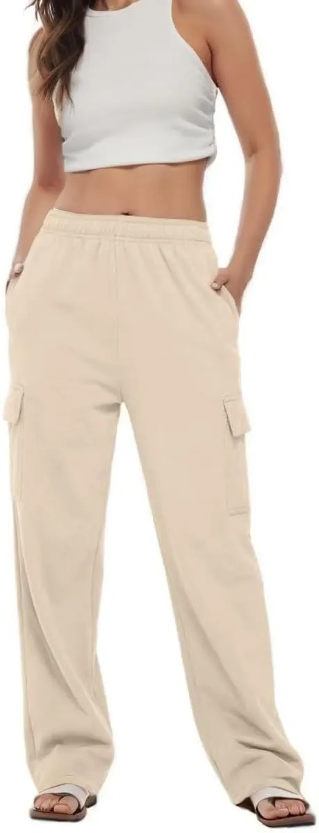 Womens Cargo Sweatpants Baggy Wide Leg Pants Warm Elastic High Waist Joggers Fall Track Lounge Trousers with Pockets