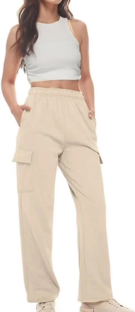 Womens Cargo Sweatpants Baggy Wide Leg Pants Warm Elastic High Waist Joggers Fall Track Lounge Trousers with Pockets