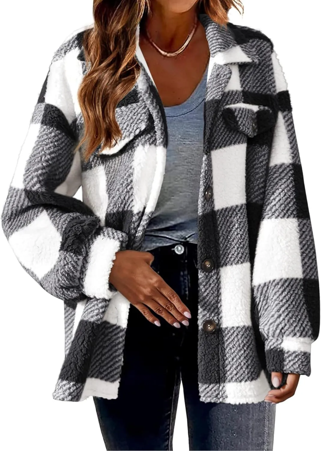 Womens Casual Fuzzy Fleece Jacket Wool Blend Plaid Flannel Button Down Shirts Shackets Jacket Coats Outfits Tops