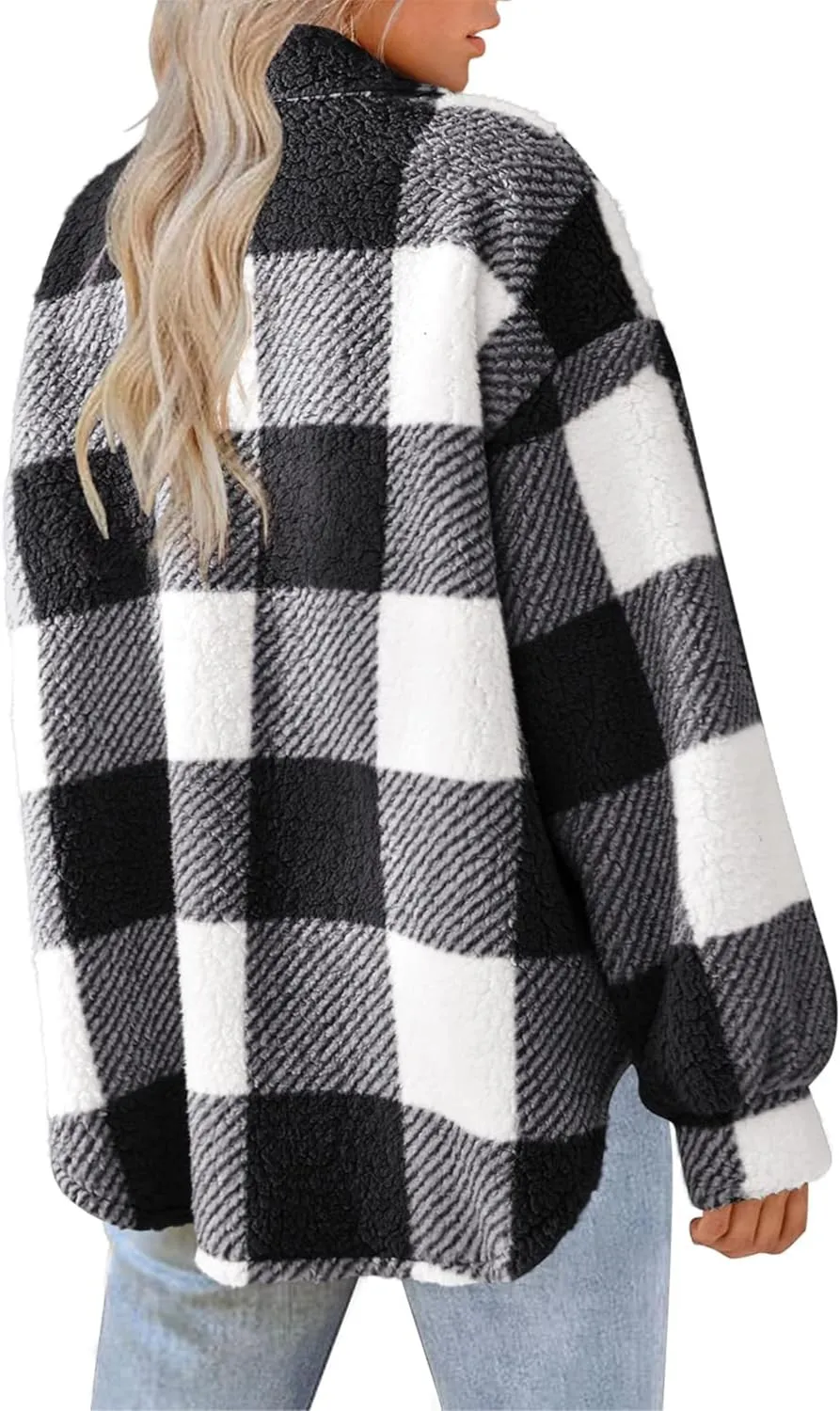 Womens Casual Fuzzy Fleece Jacket Wool Blend Plaid Flannel Button Down Shirts Shackets Jacket Coats Outfits Tops