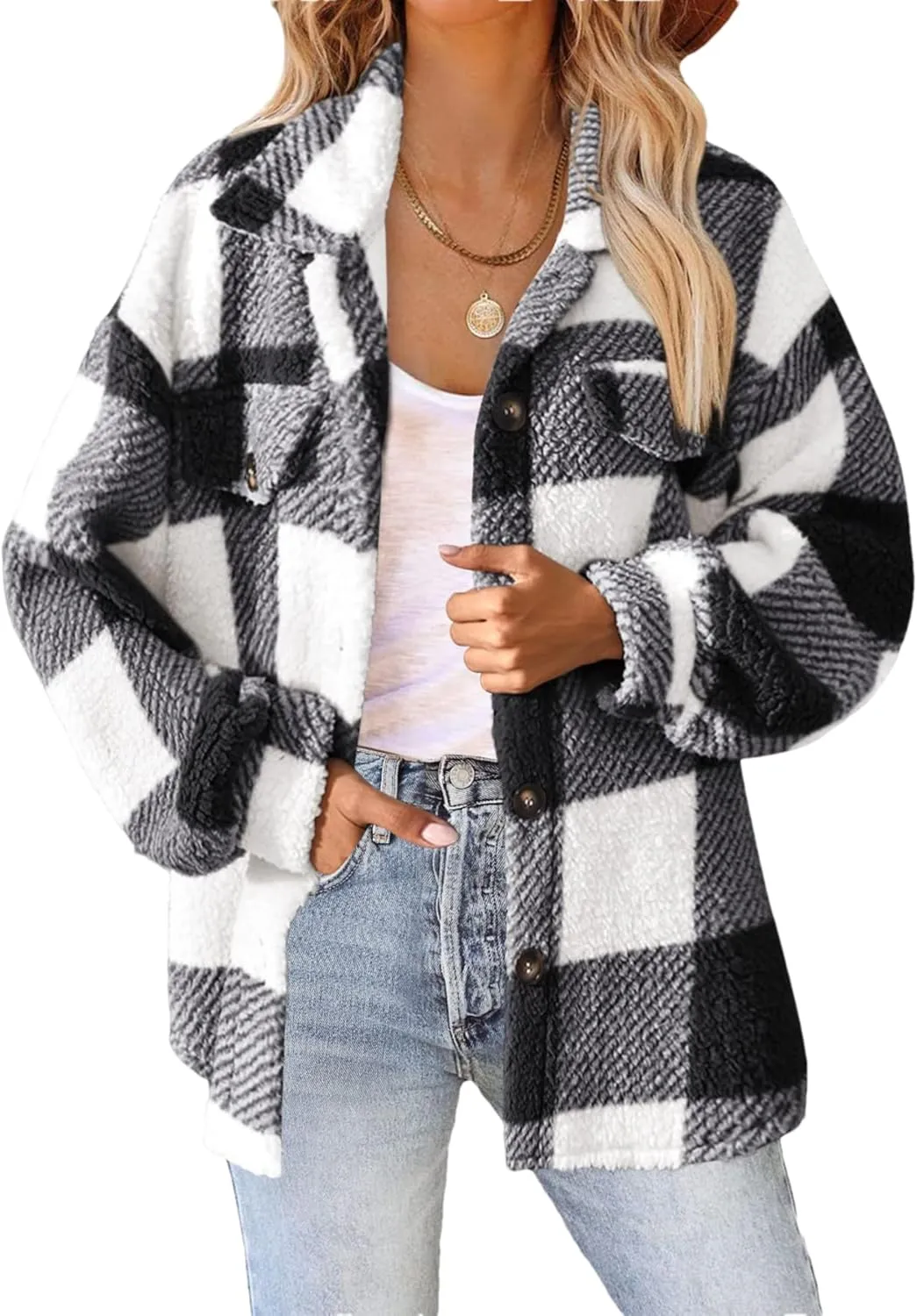 Womens Casual Fuzzy Fleece Jacket Wool Blend Plaid Flannel Button Down Shirts Shackets Jacket Coats Outfits Tops