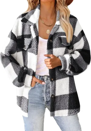 Womens Casual Fuzzy Fleece Jacket Wool Blend Plaid Flannel Button Down Shirts Shackets Jacket Coats Outfits Tops