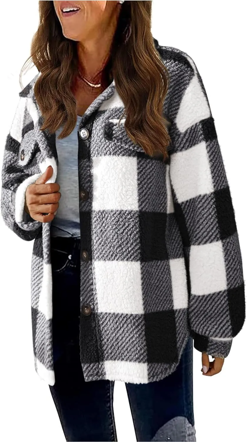 Womens Casual Fuzzy Fleece Jacket Wool Blend Plaid Flannel Button Down Shirts Shackets Jacket Coats Outfits Tops