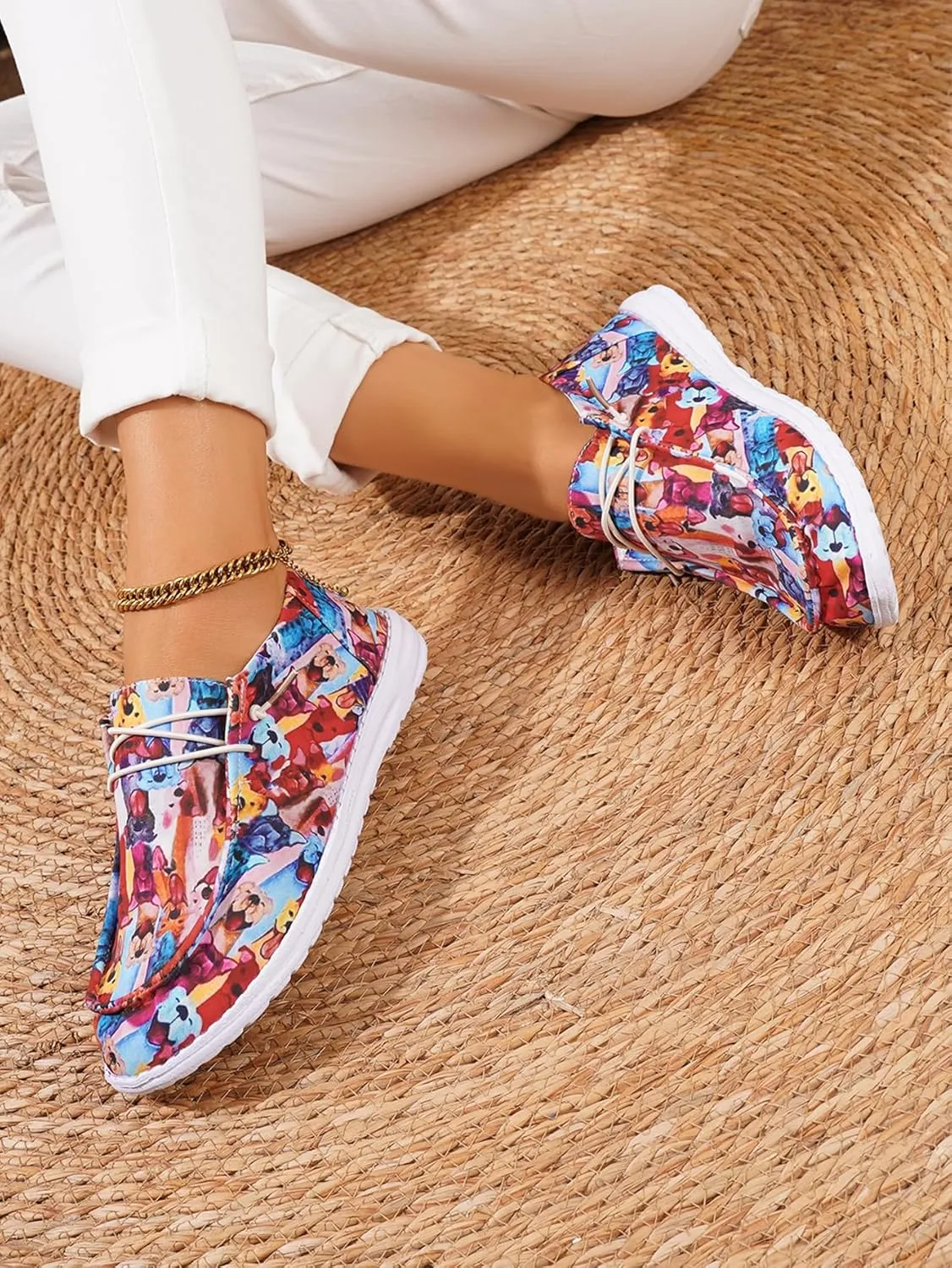 Women's Comfortable Lace-up Loafers Wide Width Colorful Doggy Print Slip on Sneakers Orthopedic Women Boat Shoes Lightweight Arch Support Walking Shoes